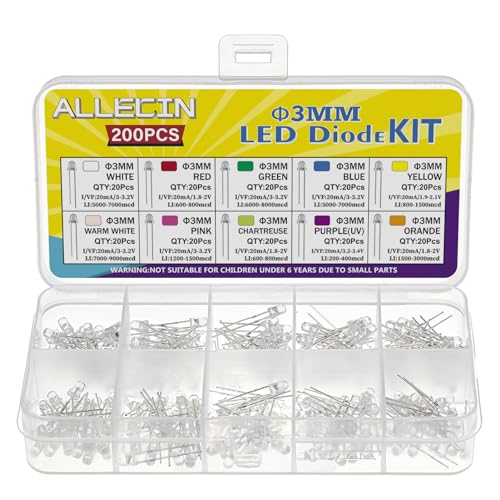 10 Colours 3 mm Light Emitting Diode LED Diode Set Red Blue Green Yellow White Warm White Orange Pink Purple Chartreuse LED Diodes 2 Pin Transparent Round Head LED Diodes Kit (20 Pieces per Colour) 3 mm - 10 colours