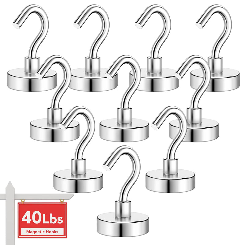 [Australia - AusPower] - 10 Pack Magnetic Hooks, 40Lbs Heavy Duty Magnets Hooks for Cruise Cabins, Extral Strong Magnets with Hooks for Hanging, Metal Magnetic Grill Hooks Magnetic Hanger for Fridge, Toolbox, Storage 40Lbs-10Pack 