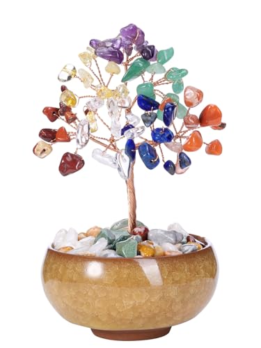 GEHECRST Chakra Crystal Tree Natural Healing Crystals Gemstone with Ceramic Base Handmade Stone Feng Shui Bonsai Money Tree for Wealth Good Luck Home Office Decor Crystal Gifts