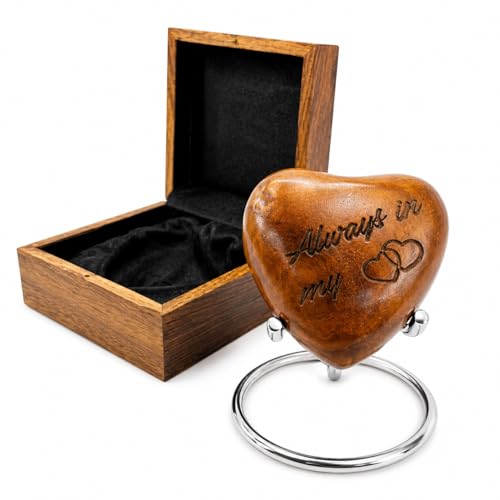 Wooden Heart Urn Keepsake Cremation Urn for Human pet Ashes Handcrafted Urn Heart Shaped - Perfect for Adults & Infants with Wooden Box & Stand 3 inch (Always in My Heart) Always in my Heart