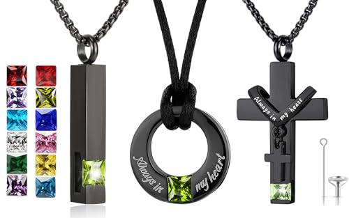 YOUFENG 3 Pieces Cremation Urn Necklaces for Ashes Keepsake Cremation Jewelry Cross Round Bar Birthstone Crystal Stainless Steel Memorial Pendant for Women Men Olivine