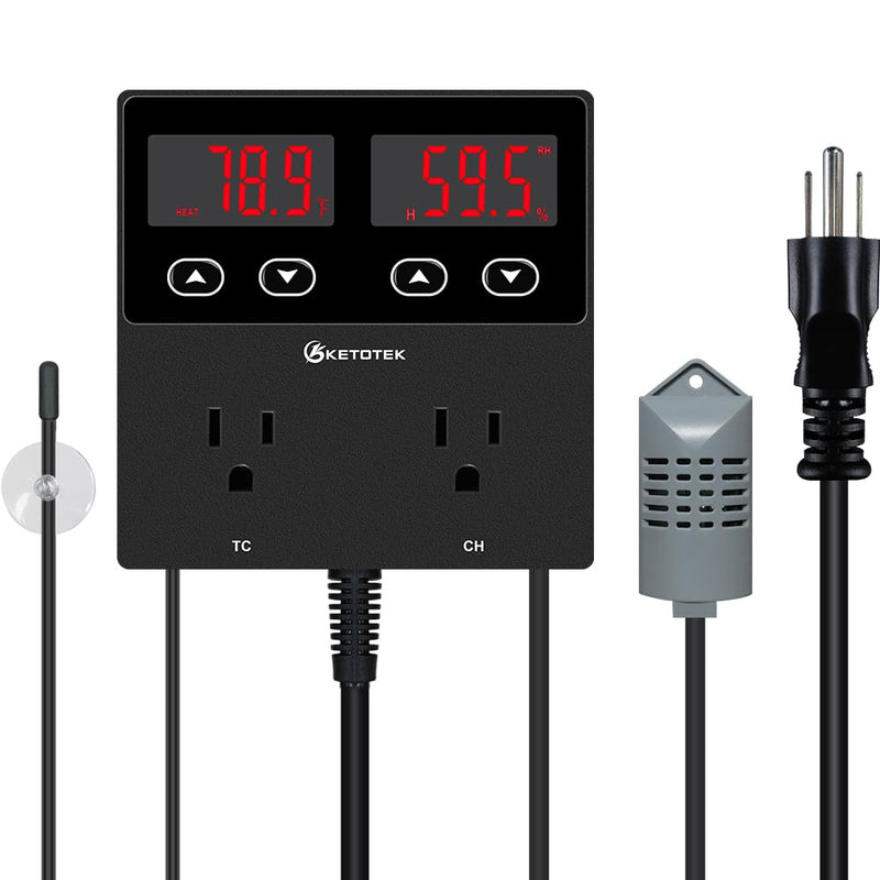 [Australia - AusPower] - KETOTEK Digital Temperature and Humidity Controller Outlet, Reptile Thermostat Plug Dual Stage Pre-Wired for Mushroom Greenhouse Homebrew 