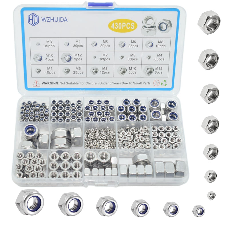 [Australia - AusPower] - 430Pcs Metric Hex Nuts & Locknuts Assortment Kit, M2 M3 M4 M5 M6 M8 M10 M12 304 Stainless Steel Assorted Hex Nuts Sets, Self-Locking Nylon Lock Nuts, Bright Finish 430Pcs Metric Hex Nuts & Locknuts 