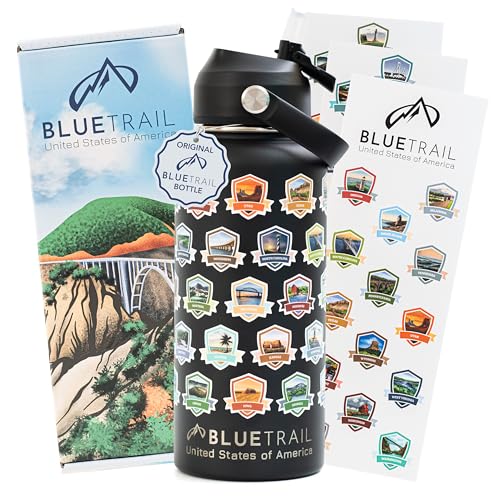BlueTrail 50 States Water Bottle with Stickers - 32 oz Insulated Stainless Steel, Upgraded Leak-Proof Lid, UV & Waterproof Permanent Stickers, Laser Engraved 50 States of the USA (Black) Black
