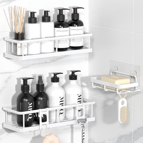 YASONIC Shower Caddy Adhesive, Rustproof Shower Organizer with Soap Holder, Large Capacity Shower Shelves for Inside Shower, No Drilling Bathroom Organizers and Storage for Home Decor（3 Pack White） 3-Piece Set (2 Caddies, 1 Soap Holder)