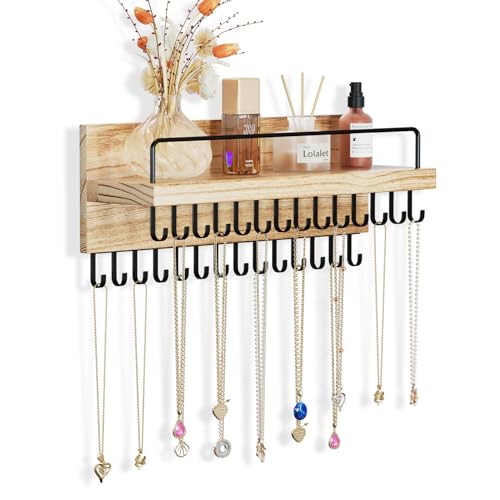 Black Lolalet wall jewelry organizer with multiple hooks for hanging necklaces and jewelry, mounted on a wall.