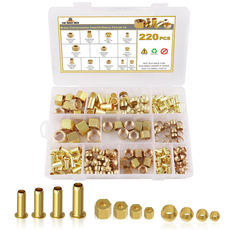 [Australia - AusPower] - 220PCS Compression Fittings Assortment kit - 4 sizes (1/4", 3/8", 5/16", 1/2") of Brass Compression Sleeve Ferrule, Insert and Nuts,Connect Lines for Air,Water,Fuel,Oil and Inert Gases 220pcs Kit 