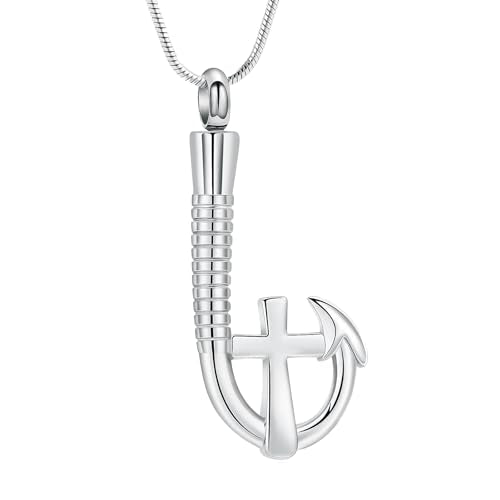 Hearbeingt Fish Hook Cross Urn Necklace for Ashes Cremation Jewelry for Men Silver