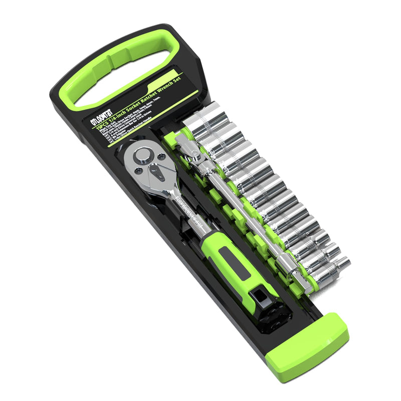 [Australia - AusPower] - 15pcs 1/4 Inch Drive Ratchet Socket Wrench Set, with Metric 4-14mm and Front and Rear Quick Released Ratchet Handle and Extension Bar Universal Joint Hand Drill Adapter, Portable Organizer 