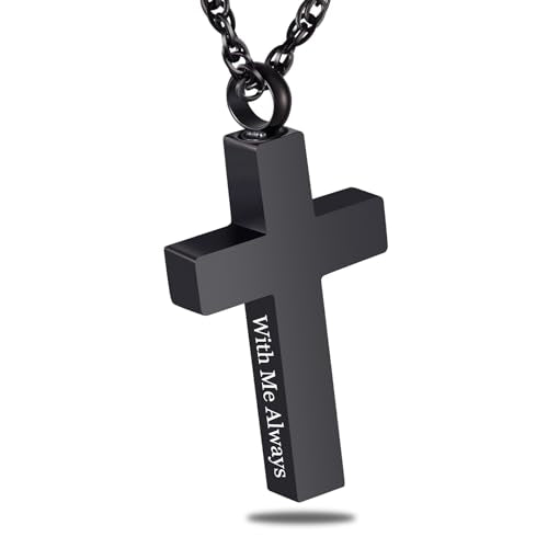 Cremation Cross Necklace for Ashes Cross Urns Locket Pendant Ashes Holder Stainless Steel Memorial Jewelry-With Me Always Black