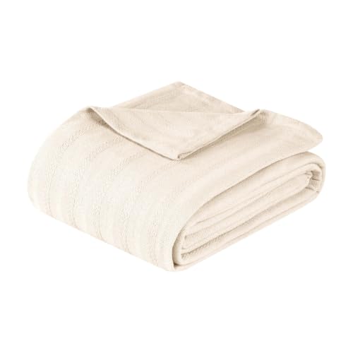 SUPERIOR Clara Cotton Blanket, for Picnic, Beach, Traveling or Camping, Bedroom Decor, Essentials, Cover for Bed, Couch, Lounging, Textured Jacquard, Striped Woven Blanket, Throw, Ivory