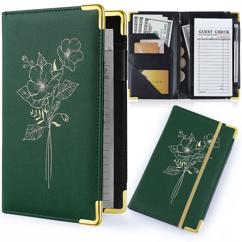 [Australia - AusPower] - Server Books for Waitress, PU Leather Server Book with Zipper Pockets, Flower Pattern Waitress Book with Pen Holder Fit Server Apron Check Presenters for Restaurants Green 