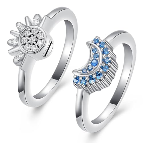 Yinplsmemory Cremation Ring for Ashes for Women Men Celestial Sun and Moon Ring Set Urn Jewelry for Human/Pet Ashes-Size 8