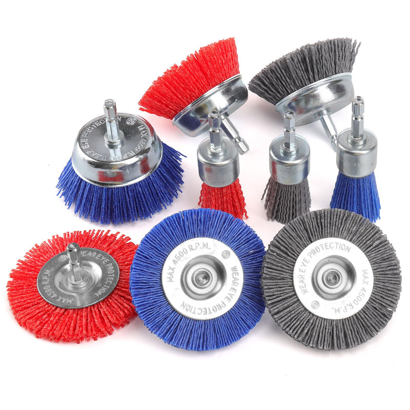 [Australia - AusPower] - POLIWELL Nylon Filament Brush 9 Pack, Abrasive Wire Brush Wheel & Cup Brush Set, Drill Bit Sanding Brush with 1/4 Hex Shank for Steel Rust Removing, Grill Cleaning, Flaking Paint Refinishing 
