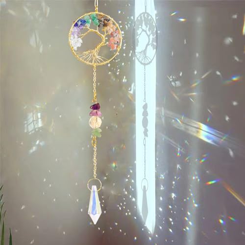 Handmade 7 Chakra Tree of Life Crystal Suncatcher, Sun Catcher Hanging for Car, Windows, Spiritual, Rainbow Maker, Butterfly Indoor Garden Home Decor Suncatcher 2