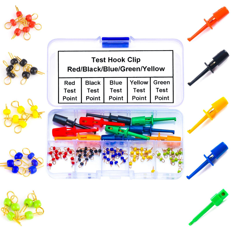 [Australia - AusPower] - PCB Test Point & Test Hook Clip Assorted Kit, Black/Red/Green/Blue/Yellow Test Point Pin & Test Hooks Clips Spring Hook Clip PCB Board Breadboard Kit (PCB-Test-Kit) 
