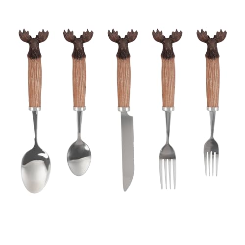 Moose Flatware Set, 5 Piece, Stainless Steel Utensils with Wood-like Handles, Knife, Soup Spoon, Teaspoon, Dinner Fork, Salad Fork