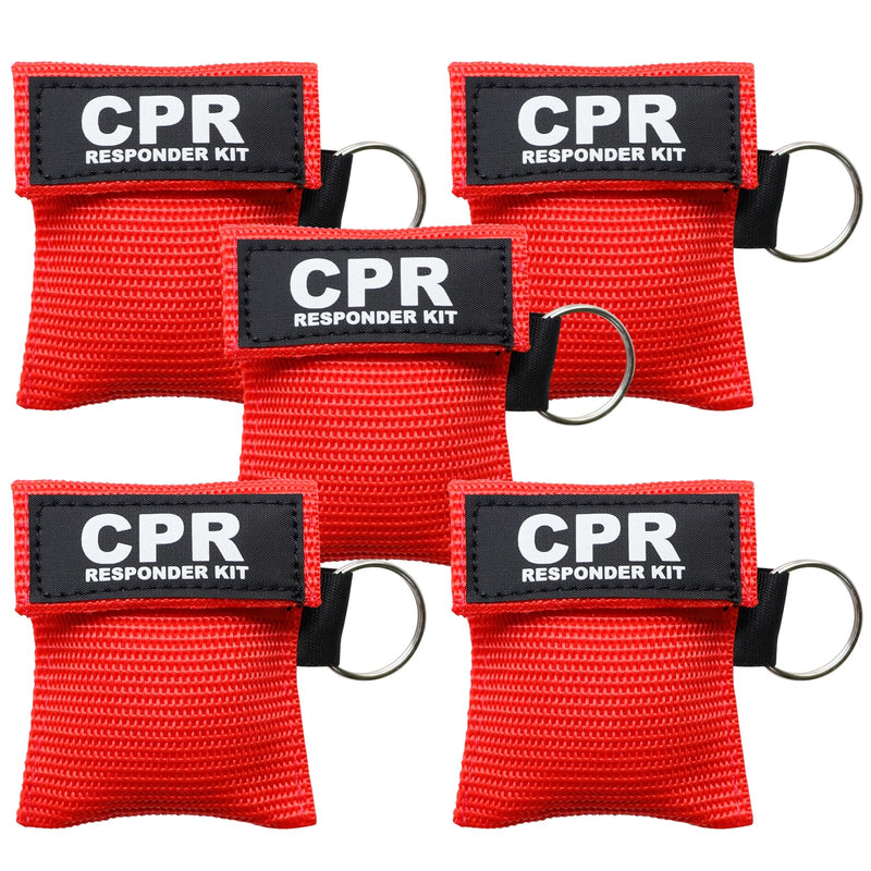 [Australia - AusPower] - AOUTACC 5PCS CPR Mask and PVC Disposable Gloves for Pocket or Key Chain, CPR Emergency Face Shield with One-way Valve Breathing Barrier for First Aid or AED Training Bright Red-5 