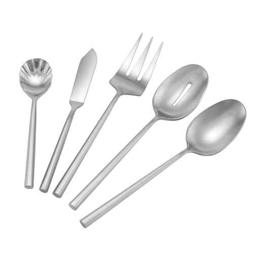DEACORY 5-piece stainless steel silverware set with matte finish, includes thick heavy flatware and hexagon-shaped serving utensils.