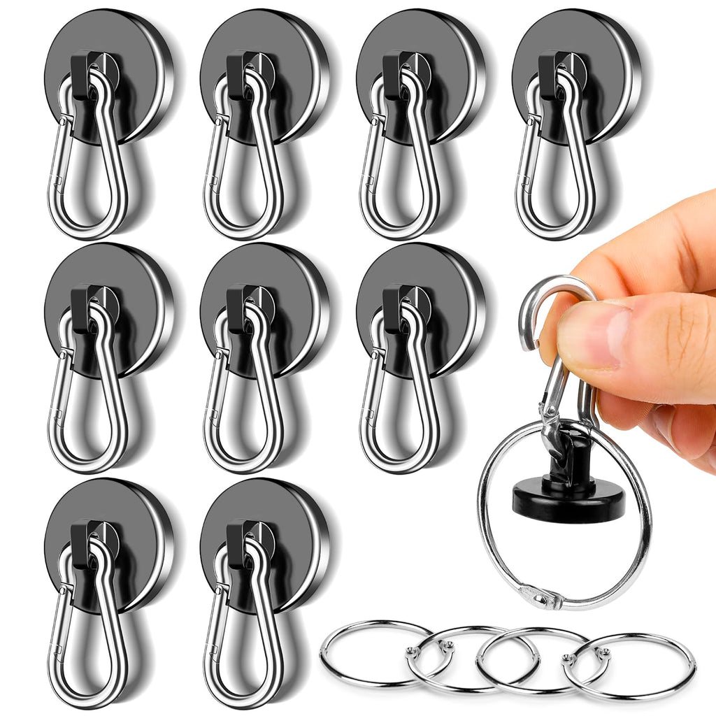 MIKEDE Magnetic Hooks Heavy Duty, 70LBS Strong Magnetic Hooks with Carabiner Hooks, Neodymium Black Magnets with Swivel Hooks Great for Hanging, Kitchen, Grill, Locker or Cruise Cabin - 10 Pack