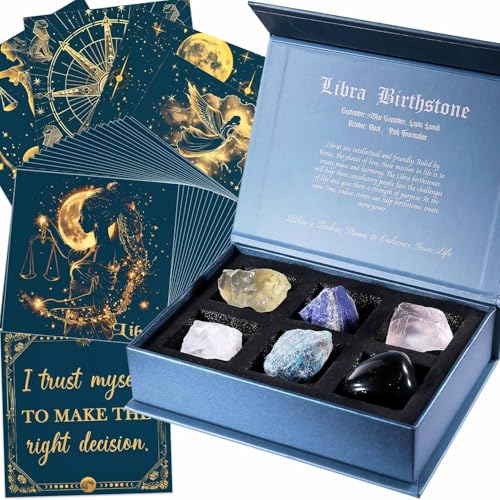 Faivykyd Libra Crystals Gift - 6 Libra Zodiac Natural Stones w/ 50 Miracle Mantras Affirmation Cards, Healing Astrology Gifts for Promoting Positive Energy, Self-Care, Love & Wealth Libra - Motivational