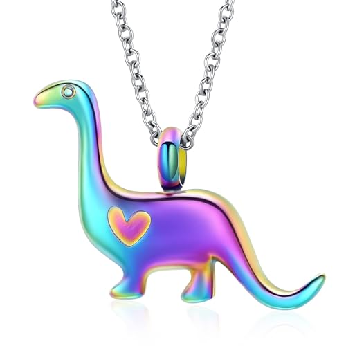 Cremation Jewelry for Ashes Dinosaur Urn Necklace for Ashes Stainless Steel Ashes Pendant for Women Men Keepsake Memorial for Jewelry for Pet Rainbow