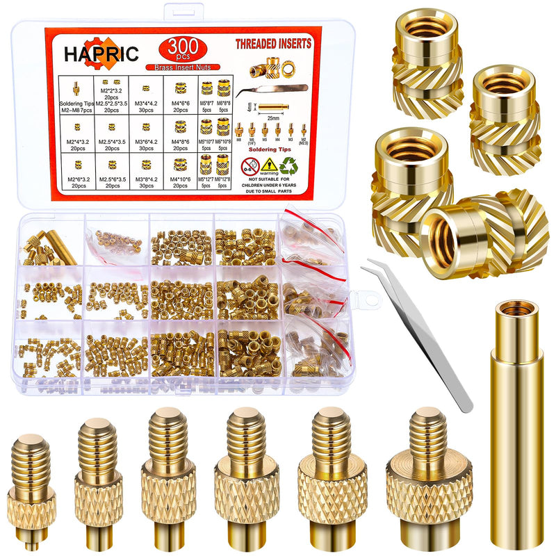 [Australia - AusPower] - 307 Threaded Inserts for Plastic Set, M2-M6 Heat Set Insert with M2-M8 Soldering Iron Tips, Brass Heat Set Insert Tool Metric Knurled Nuts Assortment Kit for Plastic and 3D Printing 