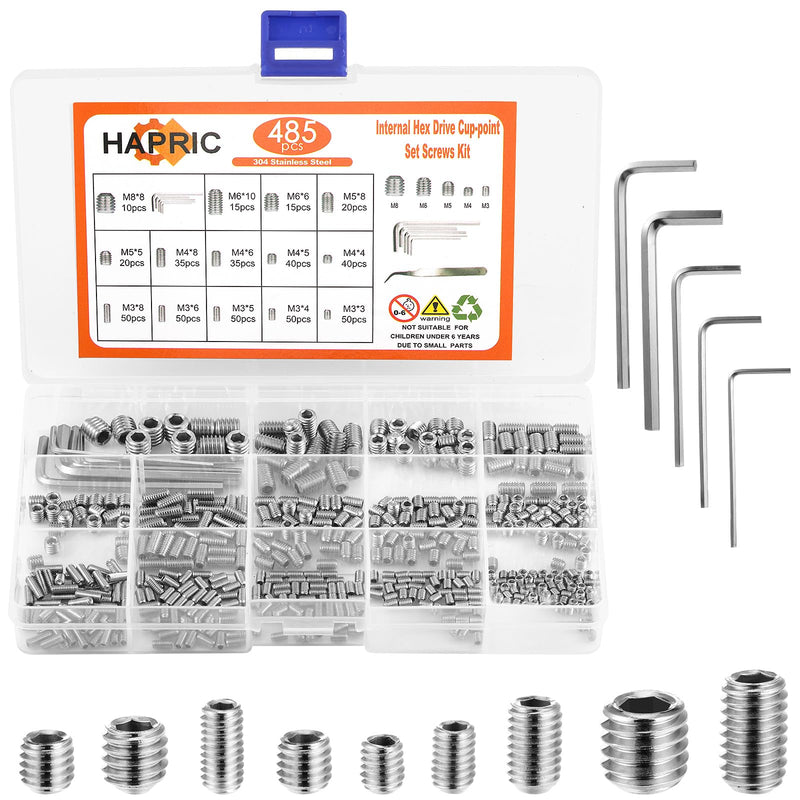 [Australia - AusPower] - 485 Pcs 14 Size Set Screw Assortment Kit M3/M4/M5/M6/M8 Head Socket Hex Metric Set Screws Assortment Kit 304 Stainless Steel Cup-Point Screws 