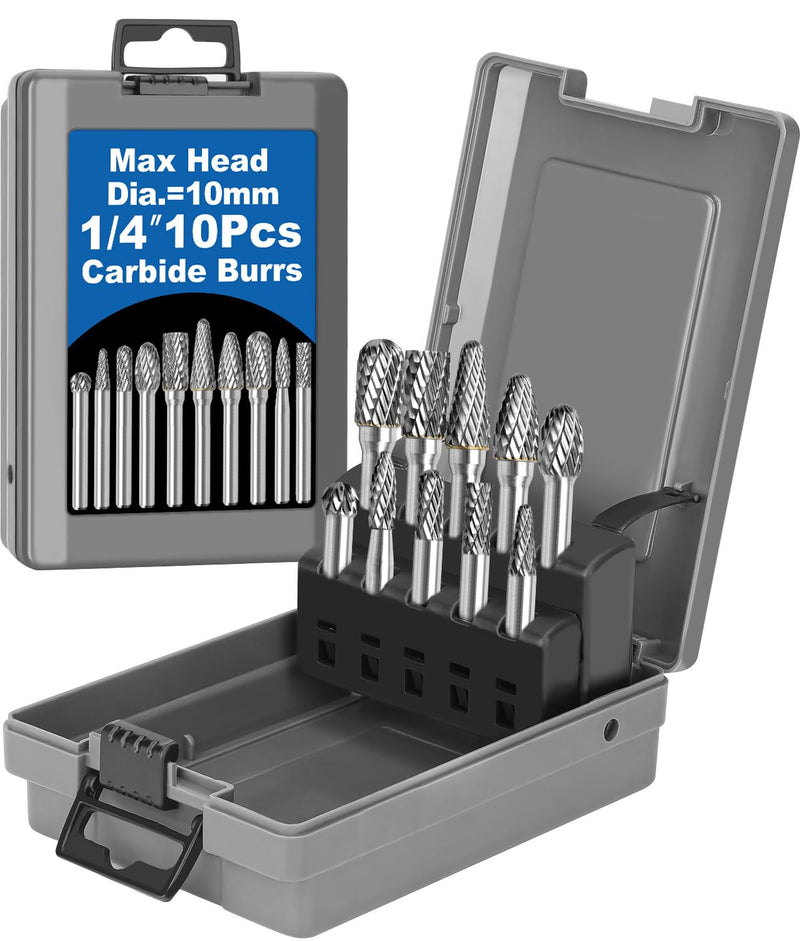 Sworker 10Pcs Carbide Burr Set 1/4 Shank w/Grey Box Max Head Dia 10mm Die Grinder Bits Rotary Tools Attachment Kit Rasp Accessories Metal Wood Stone Steel Grinding Deburring Cutting Porting Carving Grey Case