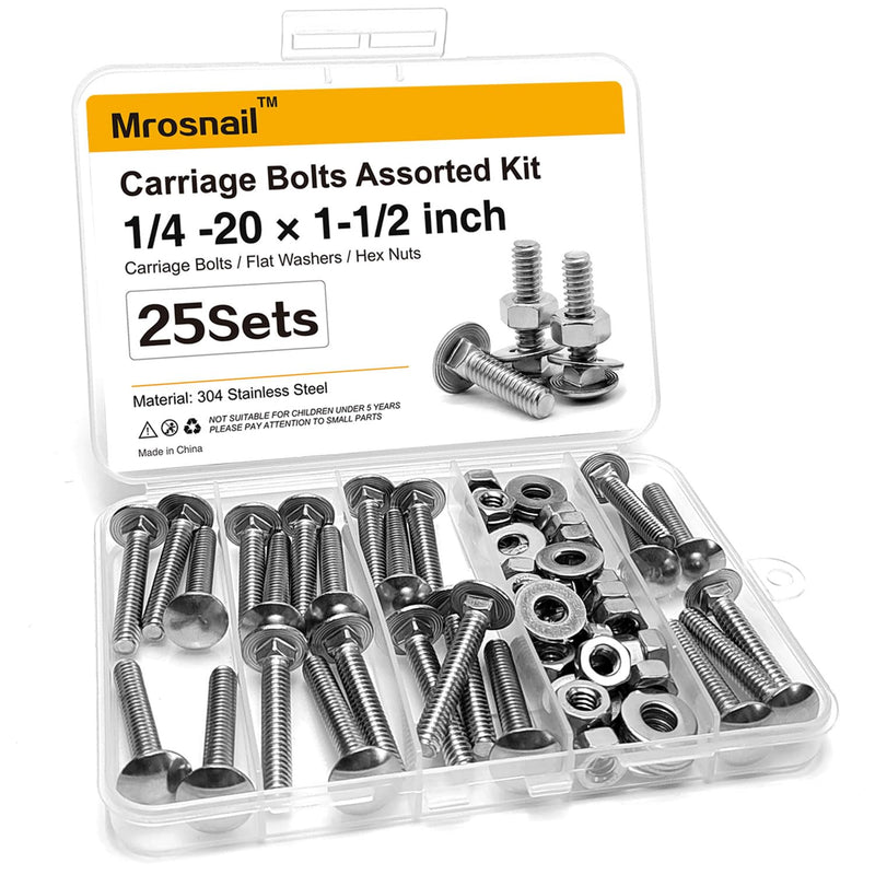 [Australia - AusPower] - 25Pcs Carriage Bolts 1/4-20x1-1/2 Inch, 304 Stainless Steel Full Thread with Round Head Square Neck, Hex Nuts & Washers for Woodworking, Furniture, and Outdoor Projects 25Pcs 1/4-20x1-1/2 