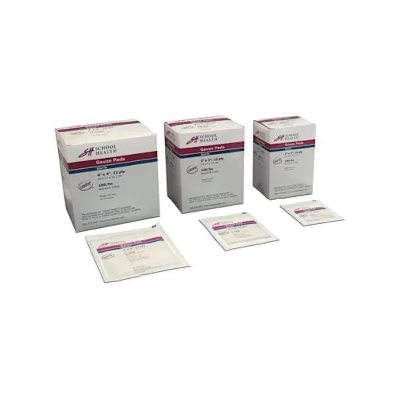 [Australia - AusPower] - School Health Sterile Gauze Pads for Wound Dressing, Individually Wrapped, Highly Absorbent Cotton | Gauze Pads for Wound Care & First Aid Kits - 100 pack (2x2 Inch) 2x2 Inch 