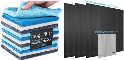 MagicFiber 16 PK - 12 Household Microfiber Cleaning Cloths + 4 Glasses Microfiber Cleaning Cloths - Premium Kitchen Towels and Glasses Wipes