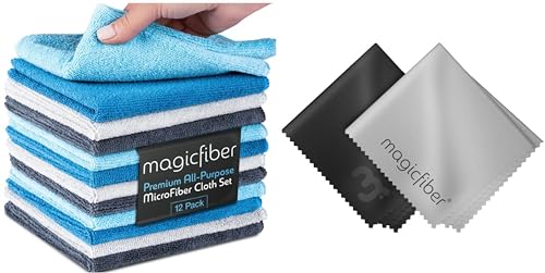 MagicFiber 14 PK - 12 Household Microfiber Cleaning Cloths + 2 Glasses Microfiber Cleaning Cloths - Premium Kitchen Towels and Glasses Wipes