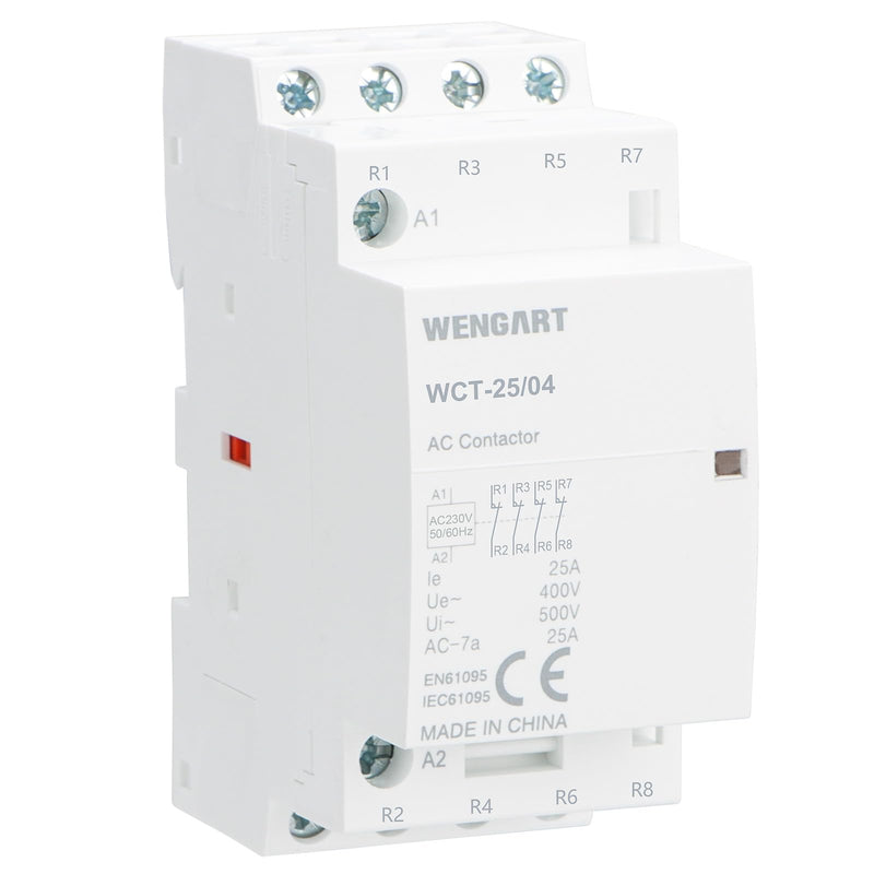 Wengart Humm-Free Installation Contactor 25A AC 230V - 4NC (4 Openers) - Silent Contactor for Load Drop & Night Storage Heating - 36 mm Width (2 TE) - DIN Rail Mounting - WCT-25