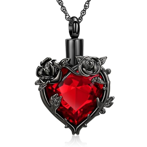 Cremation Jewelry for Ashes Rose Flower Urn Necklace with Crystal Heart Ashes Pendant Butterfly Necklaces for Women Men Memorial Keepsake Jewelry Gift Black-red