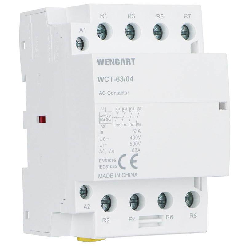 Wengart AC-Schütz WCT-63,4 Normally Closed AC230V 63A, Suitable for Household Appliances and Engine Loads, White | Fireproof ABS For smart home control cabinets. 4NC installation contactor with 2.1W standby. 230 V, 63 A, 54 mm width, DIN35
