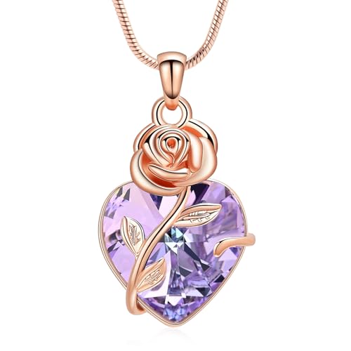 Hearbeingt Rose Crystal Heart Urn Necklace for Ashes Cremation Jewelry Rosegold-purple stone
