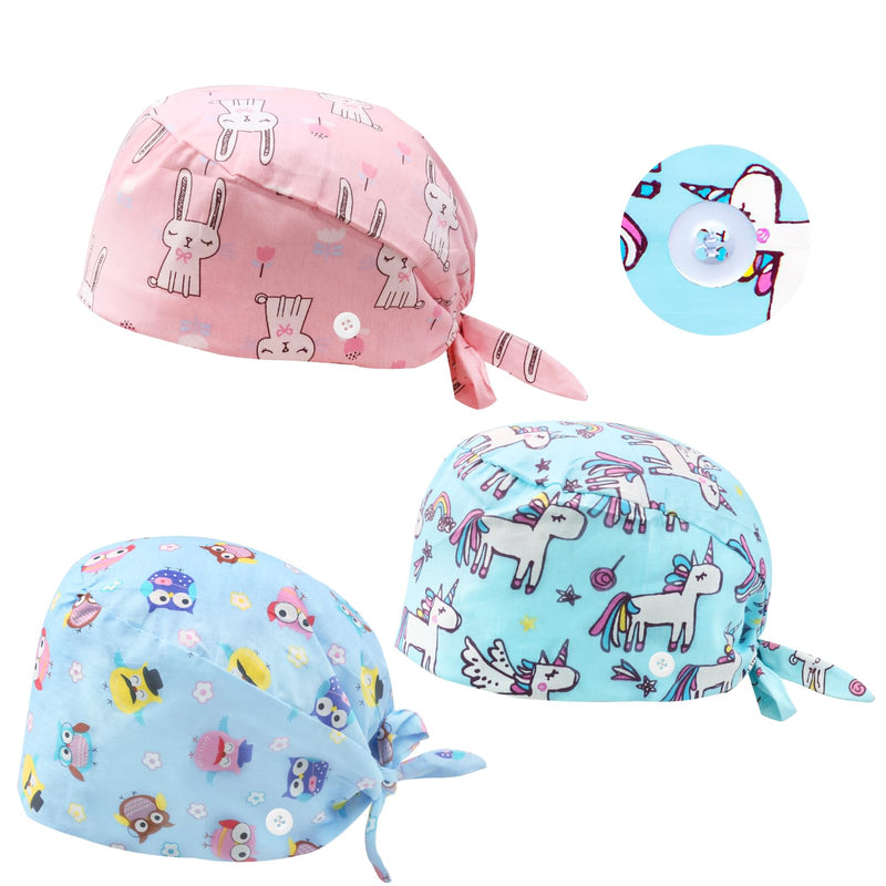 Scettar Pack of 3 Surgical Caps, Adjustable Work Cap with Buttons and Sweatband, Unisex Cotton Nurse Cap in Cartoon Style for Doctors, Nurses, Surgical Staff and Laboratory Bright colors