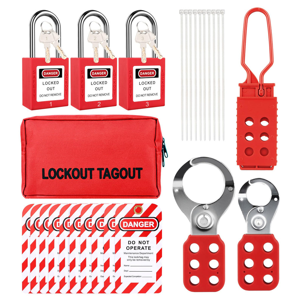 Lockout Tagout Kit-Group Lockout Hasps,3 Red Safety Padlocks with Numbering,loto Tags, Nylon Ties with Pocket Bag-2 Keys Per Lock