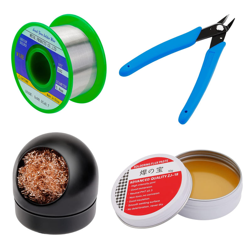 Soldering Set of 4 with Lead-Free Solder, Solder Paste, Soldering Tip Cleaner, Pliers | Soldering flux paste, solder wire, micro-shear wire cutters, soldering tool set, soldering iron accessories DIY kit