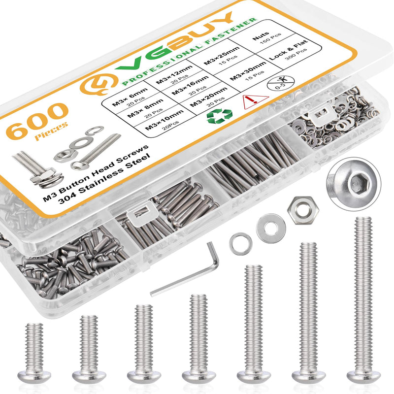 [Australia - AusPower] - 600pcs M3 Screw Assortment Kit, M3 Screws (8 Sizes 6-30mm) for 3D Printer DIY, Hex Button Head Cap Screws Bolts Nuts Washer Kit, 304 Stainless Steel, M3 x 6/8/10/12/16/20/25/30mm M3x6/8/10/12/16/20/25/30mm 