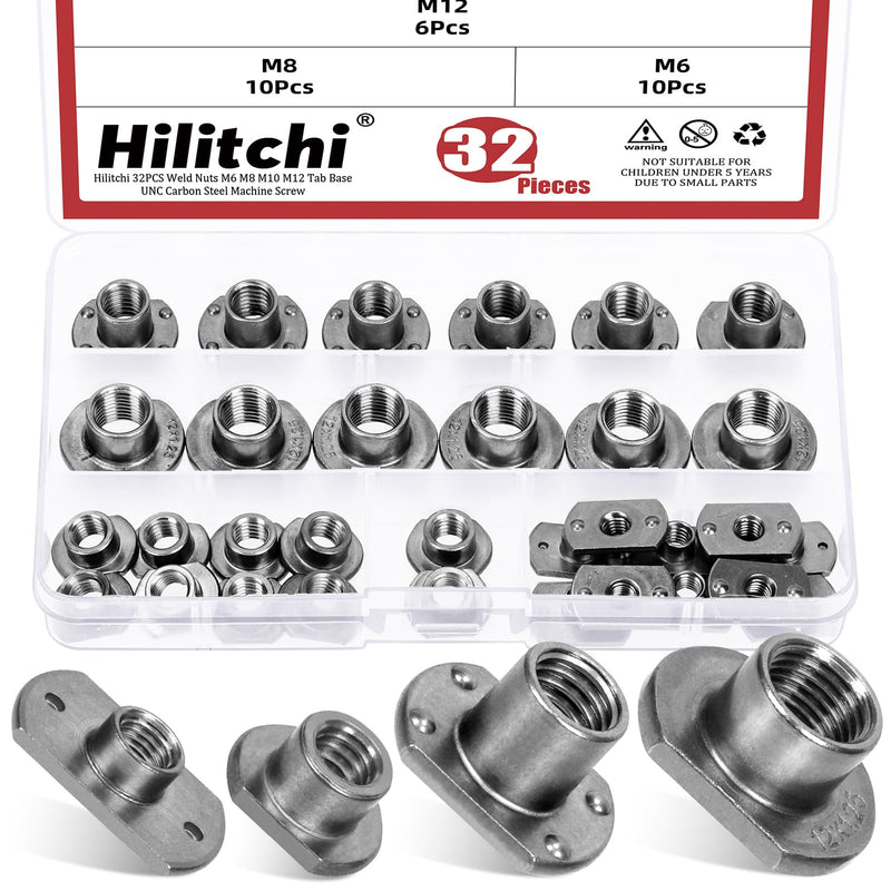 [Australia - AusPower] - Hilitchi 32Pcs T-Shaped Weld Nuts, M6 M8 M10 M12 Tab Base UNC Carbon Steel Weld Nuts Machine Screw 2 Projection 4 Projection Base Weld Nuts for Furniture Vehicles Caster and Industry Machine 
