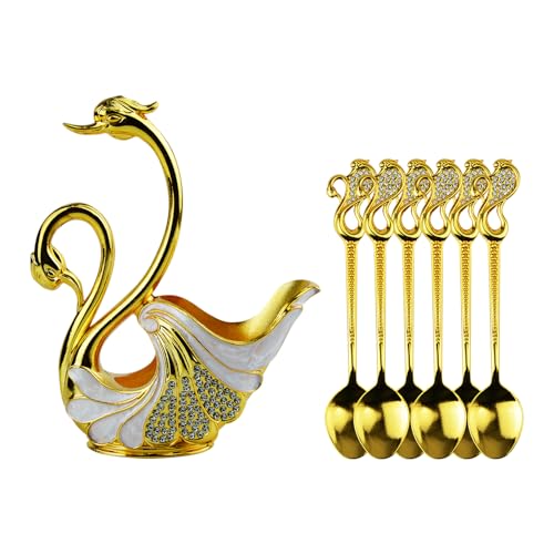 Metal Swan Coffee Spoon Set, Diamond Swan Tableware Holder with 6 Spoons 2