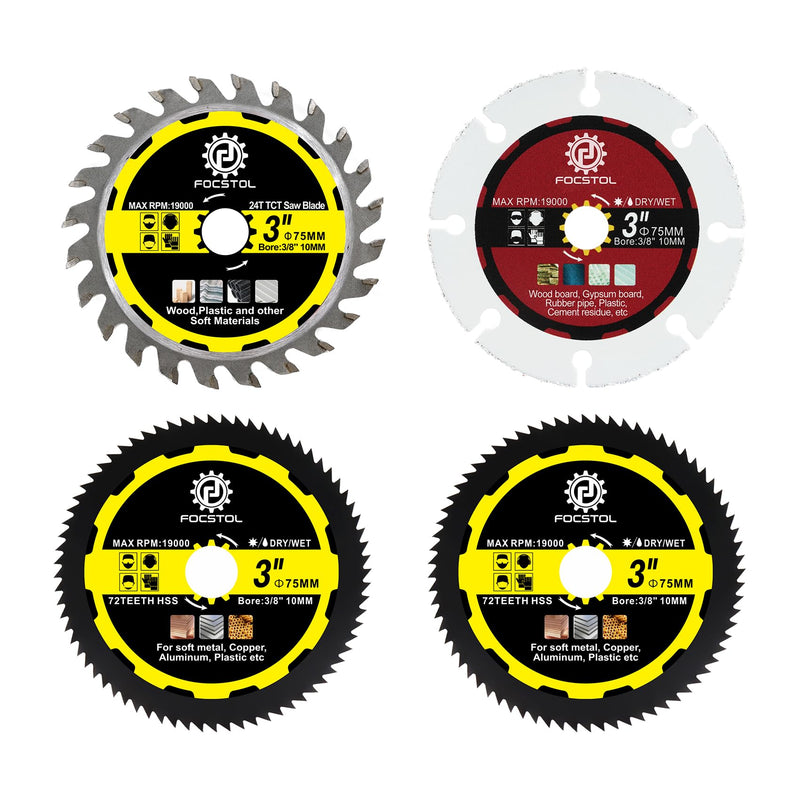 FOCSTOL Cutting Disc Set 75 mm x 10 mm - 4 Pieces Saw Blades for Cutting Wood Metal Plastic for Angle Grinder TCT/Holz/HSS Trennscheibe