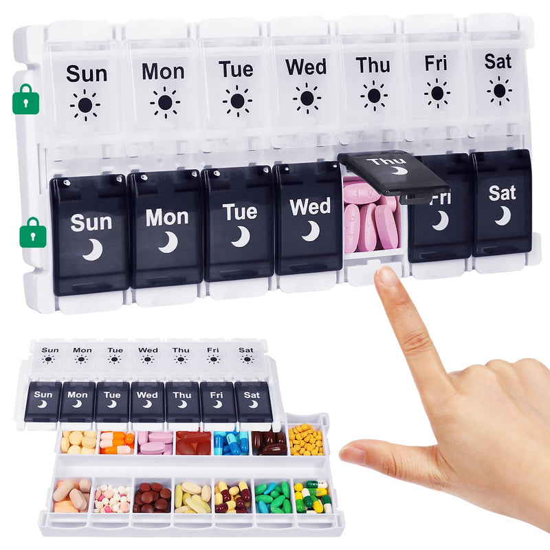 [Australia - AusPower] - Shintop Pill Organizer 2 Times a Day, Easy Fill Weekly Pill Box Am Pm Push Button Pill Container 7 Day Medicine Organizer for Vitamins Supplements ?Black&White? Black&white 