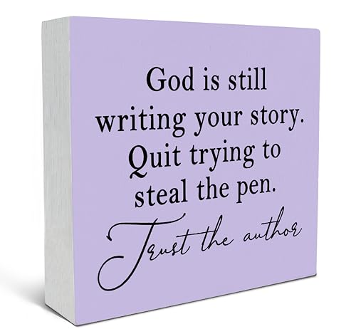SRADMO God Is Still Writing Your Story Prayer Room Bible Verse Decor, Christian Purple Wooden Box for Home Office, Inspirational Sign Table Decorative Accessories 5″×5″