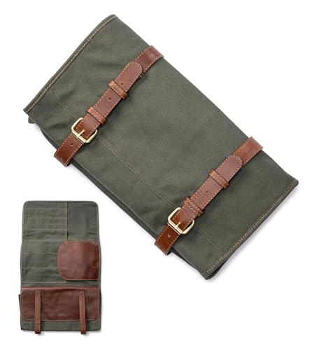 Angus Stoke XXL knife bag with 16 slots & plenty of space - multifunctional bag & tool bag made of canvas & leather - knives roll bag for chefs Marc (Olive-green) Olive-green
