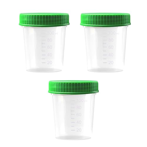 3 x HaseMed Premium Urine Cup Sample Cup | 125 ml, Screw Cap Lid, Green, Graduated up to 100 ml, Leak-Proof, Writeable, Freezable 3