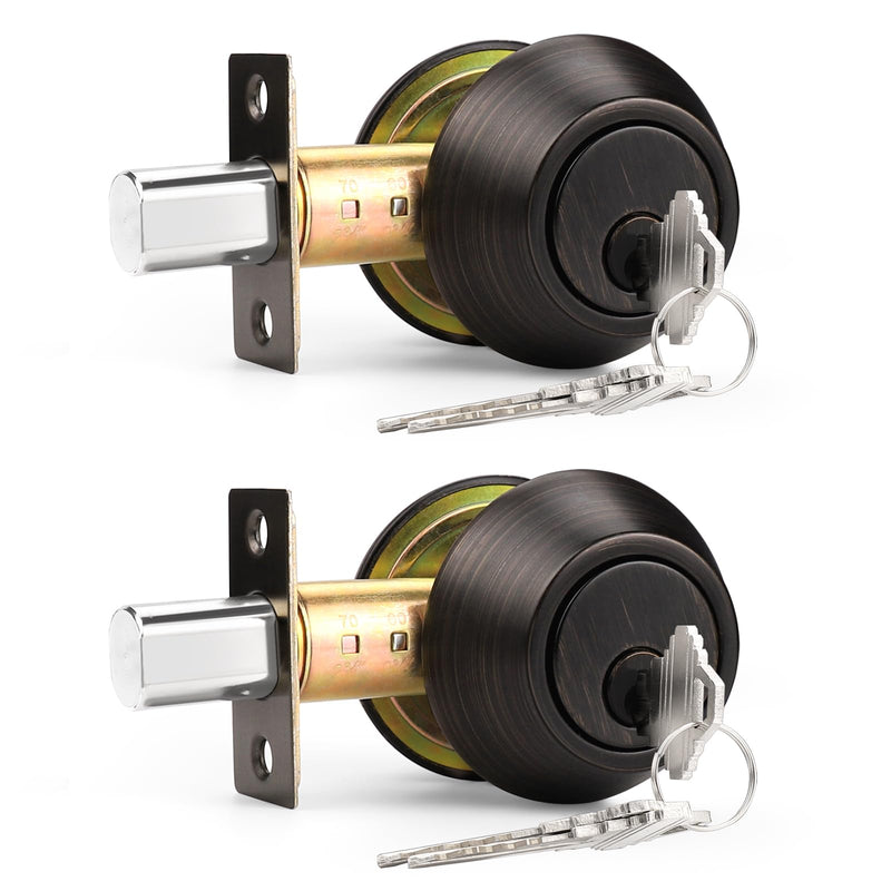 Probrico Oil Rubbed Bronze Round Double Cylinder Deadbolt Lock, Keyed Both Side Door Lock, Keyed Alike Combo 2 Pack