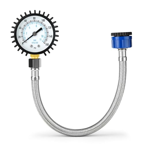 0-11 Bar/0-160 Psi Water Pressure Gauge, 2 Inch Dial Stainless Steel Water Supply Pressure Tester with Hose Connector, Plumbing Tool for Home and Garden Irrigation Systems 0-11 Bar 2"(with Hose) Lower Mount
